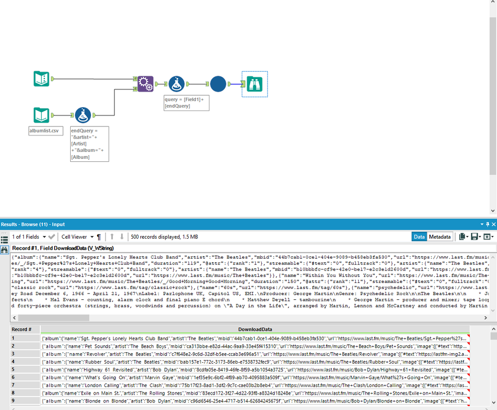 Pulling song names for Rolling Stone 500 greatest albums API - Alteryx