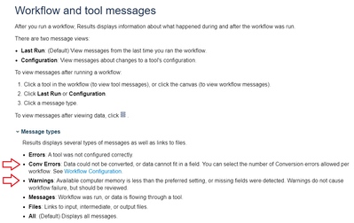 List of Warnings and Errors in Message - Alteryx
