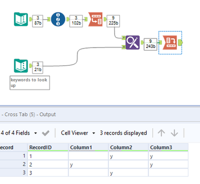 Matching words from 3 different columns against 1 column - Alteryx