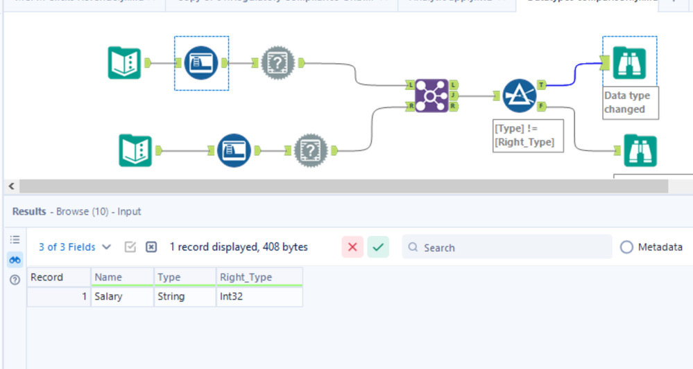 How to compare Metadata of 2 datasets - Alteryx