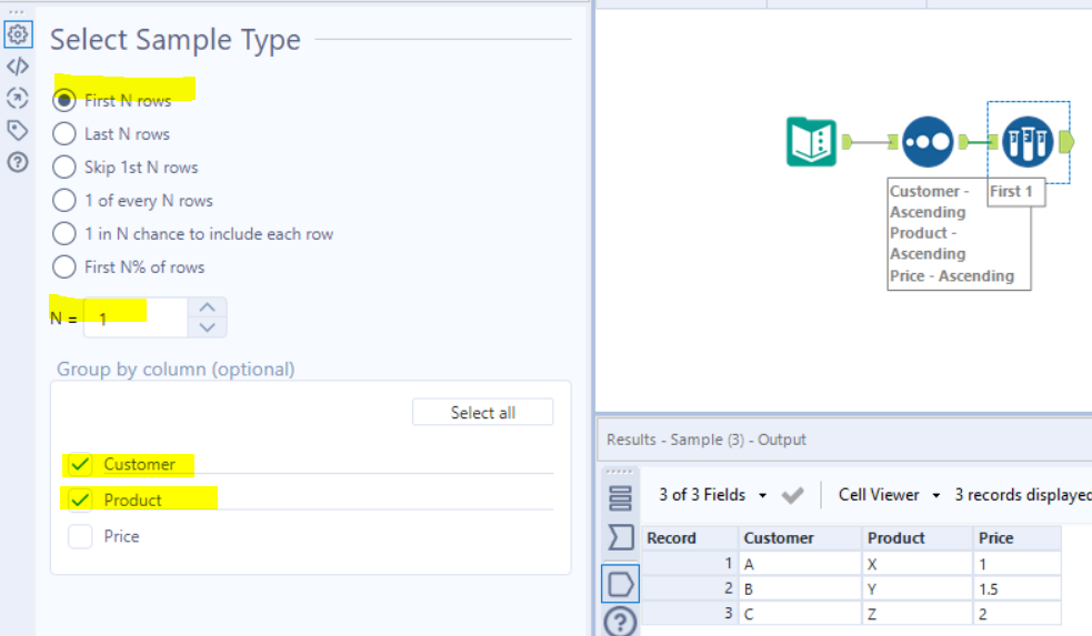 Remove duplicate rows of data based on minimum value - Alteryx