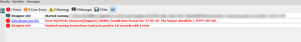 Error SQLFetch: [Amazon][Support] (40481) Invalid data format for '17 ...