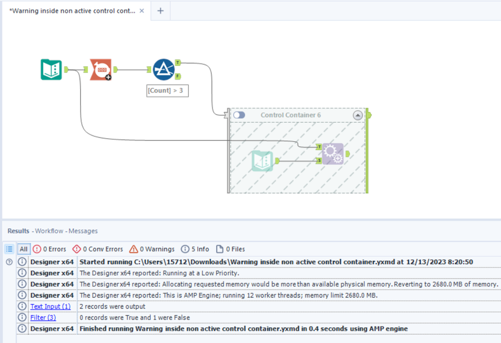 Warning in disabled control Container - Alteryx