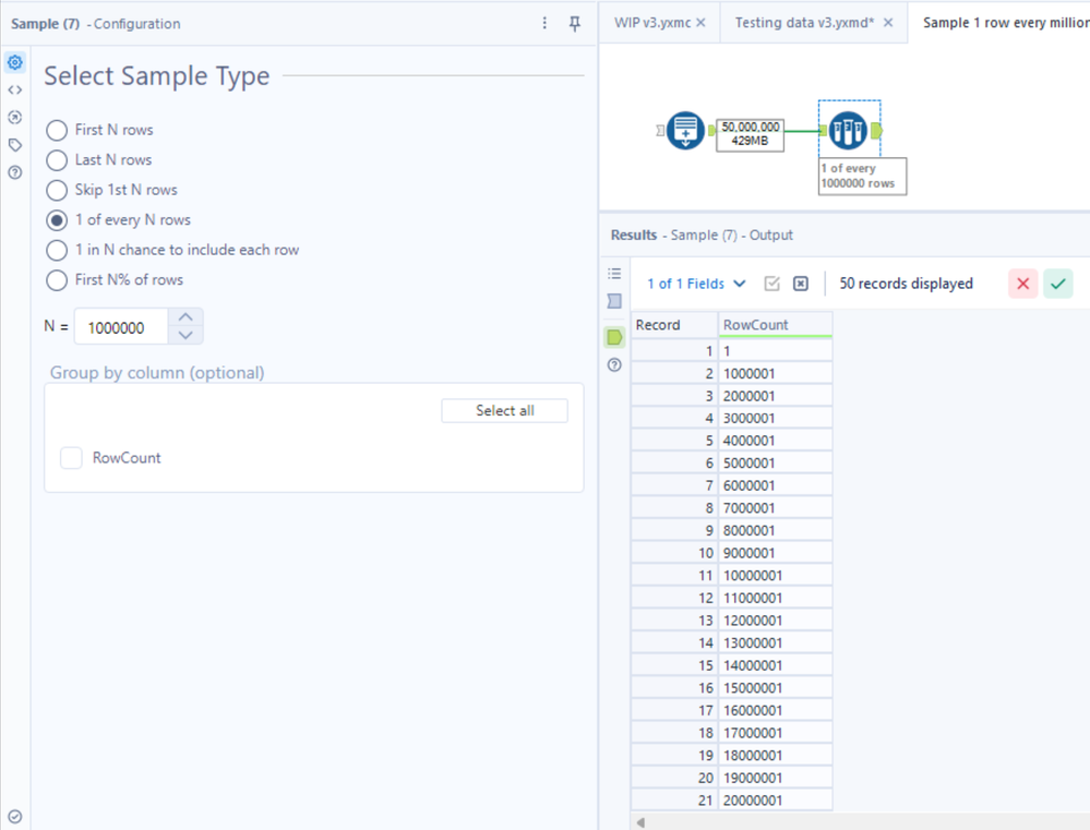 Melion Rws Sample one item every million rows (from a larger population) - Alteryx