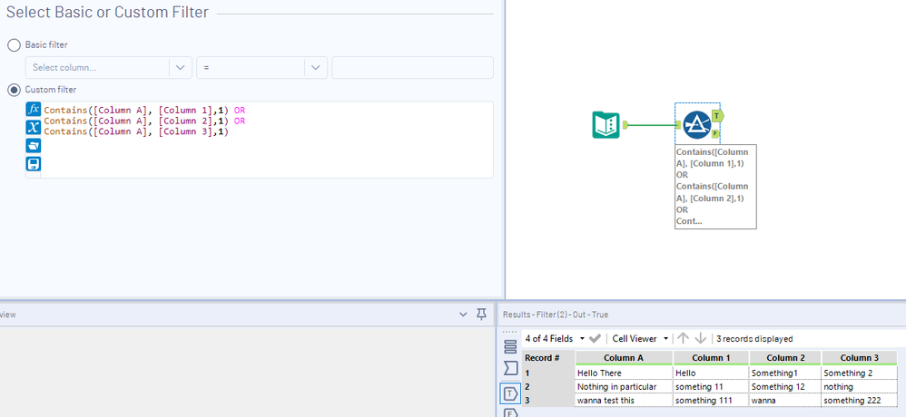 Matching words from 3 different columns against 1 column - Alteryx