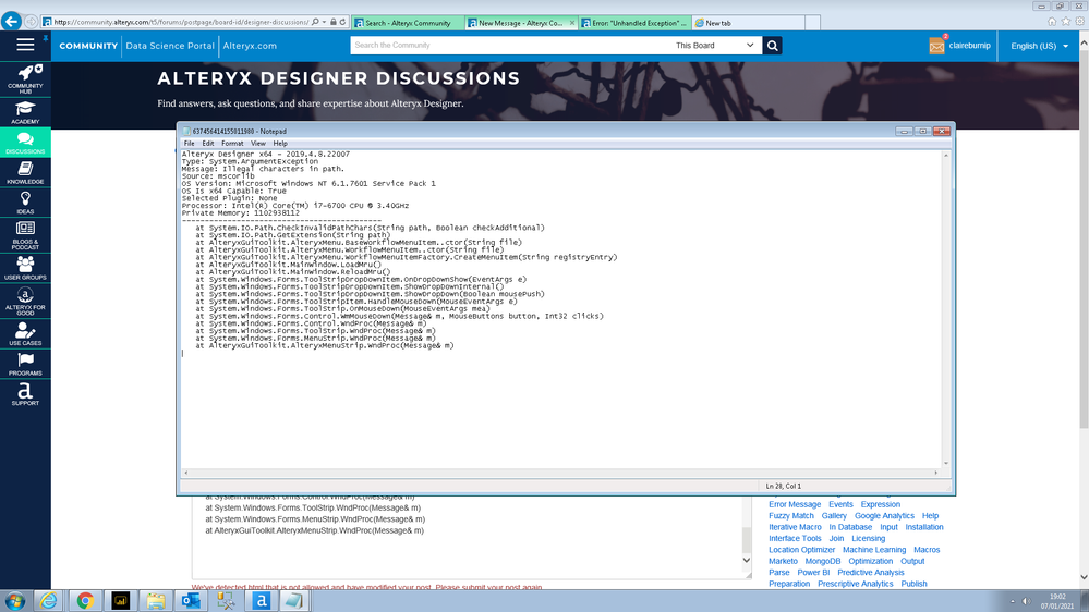 Unhandled Exception when starting Designer. - Alteryx