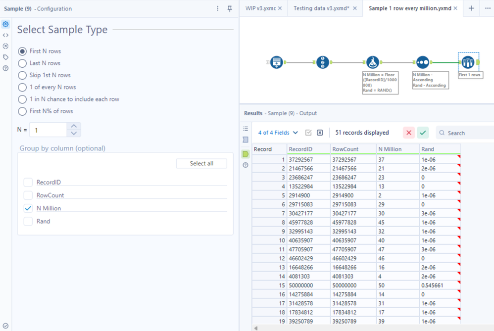 Sample one item every million rows (from a larger population) - Alteryx