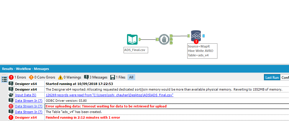 Data Stream in Error uploading data - Alteryx