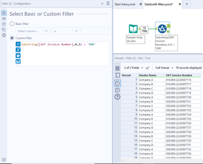 Filter based on the first three digits - Alteryx