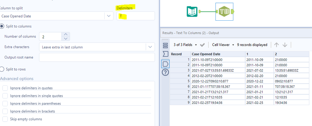 Parse date time into new columns separated by a letter - Alteryx