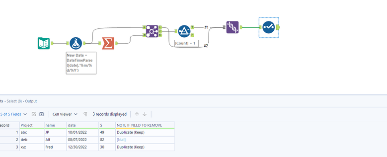 How do I remove the row with the older date from a spreadsheet - Alteryx