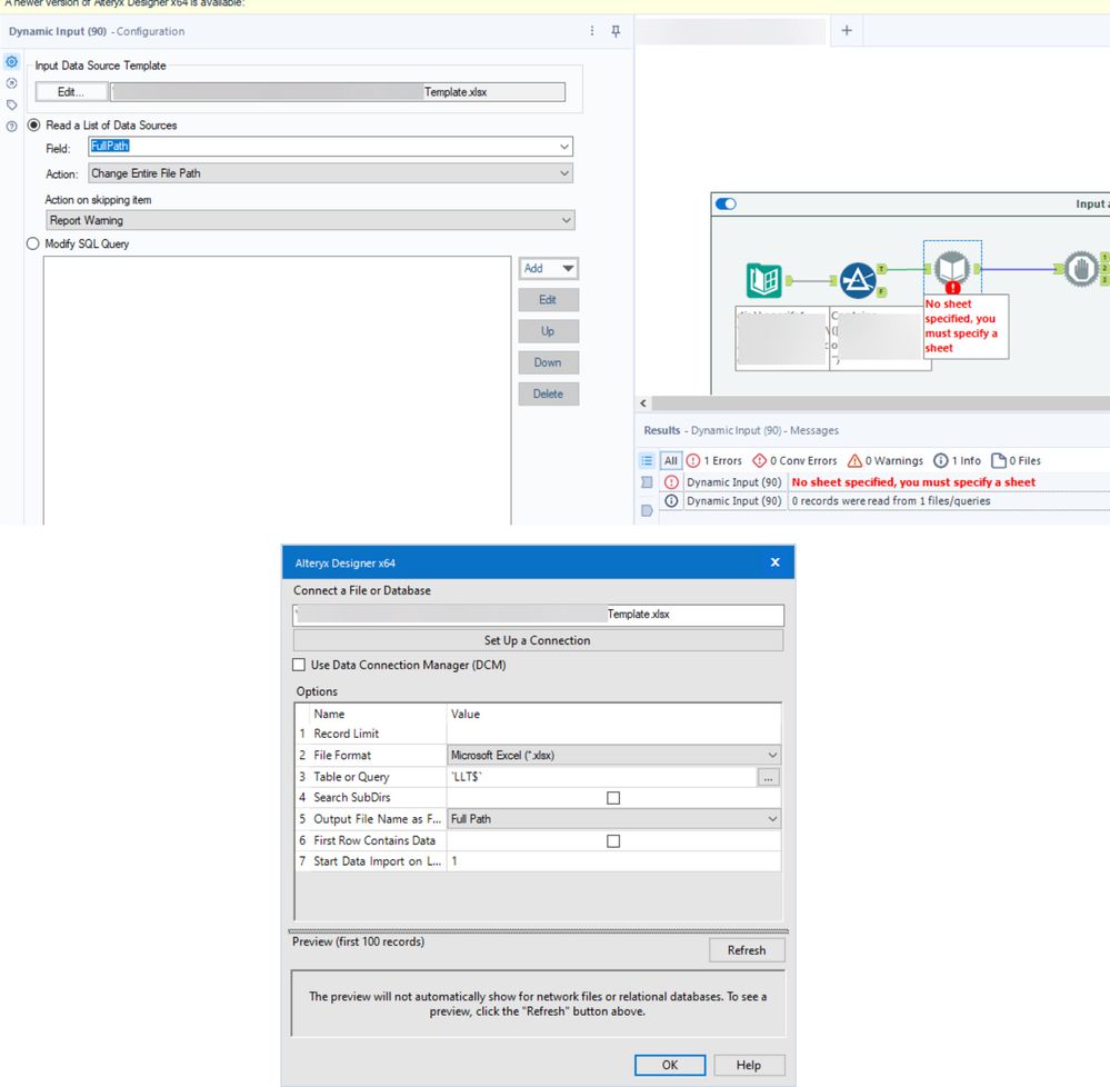 Dynamic Input with No Sheet Specified error message - Alteryx