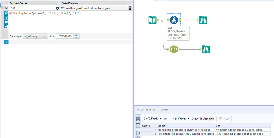 remove specific words from the sentence - Alteryx