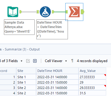 Data Hour Grouping DateTime Data by hour and Averaging Value - Alteryx