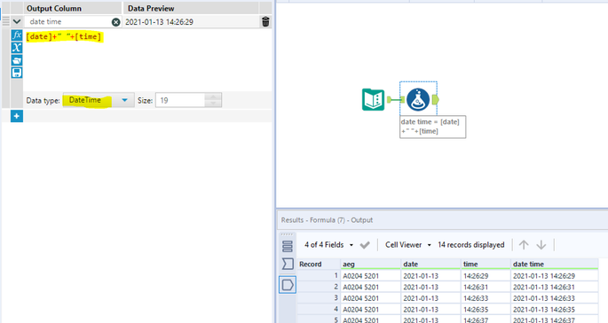 Adding a time column to a date column - Alteryx