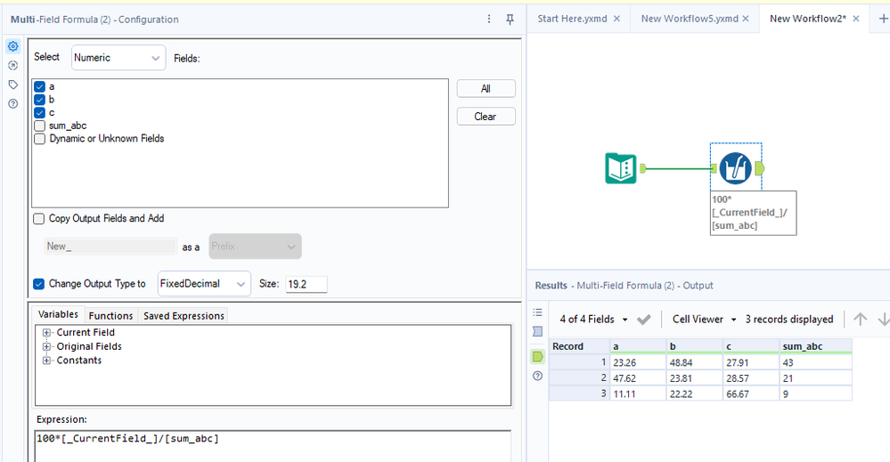 calculate percentages of multiple columns - Alteryx