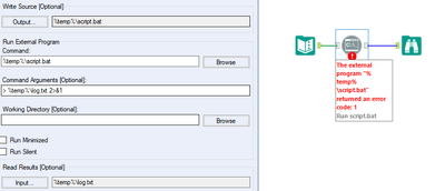 Run command with batch file working but error code 1 is showing - Alteryx