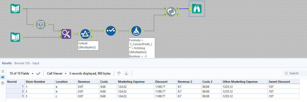 Multiply multiple columns by a respective number - Alteryx