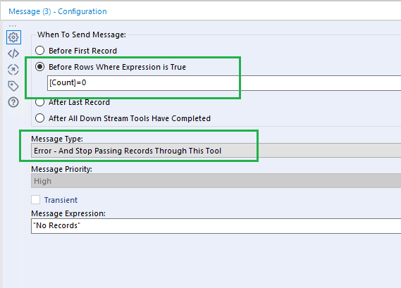 Zero Rows error message and stopping R tool from running - Alteryx