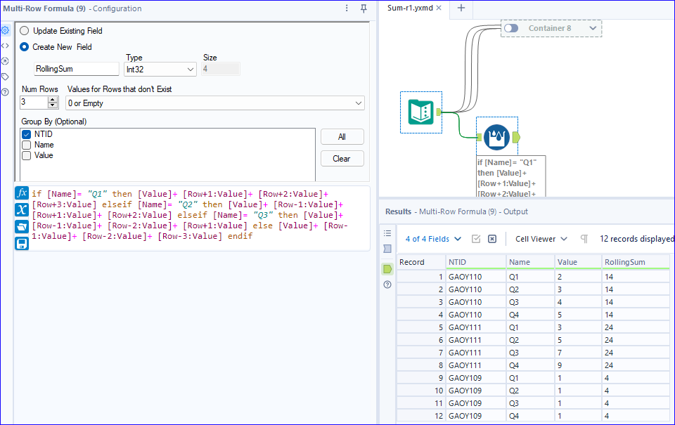 Using the Multi-Row Formula to calculate the sum of 4 quarter." - Alteryx