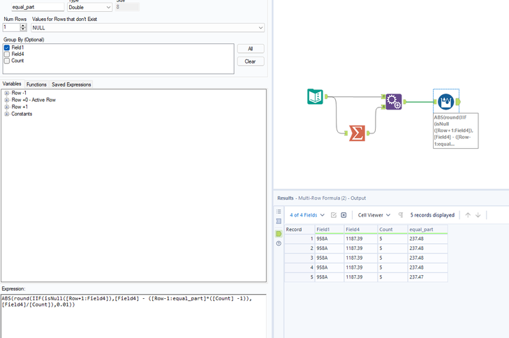 Split Amount Evenly Across Rows with 2 Decimals - Alteryx