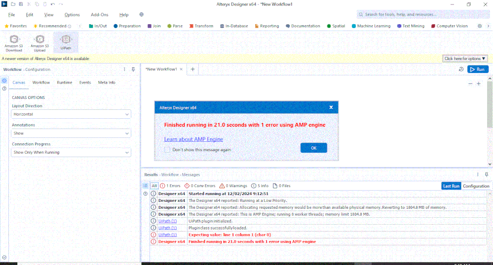 Error While Running a Workflow connected to UiPath connector - Alteryx