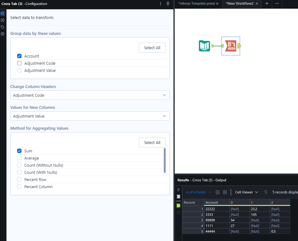 Breaking out Adjustments By Account into Multiple Columns - Alteryx