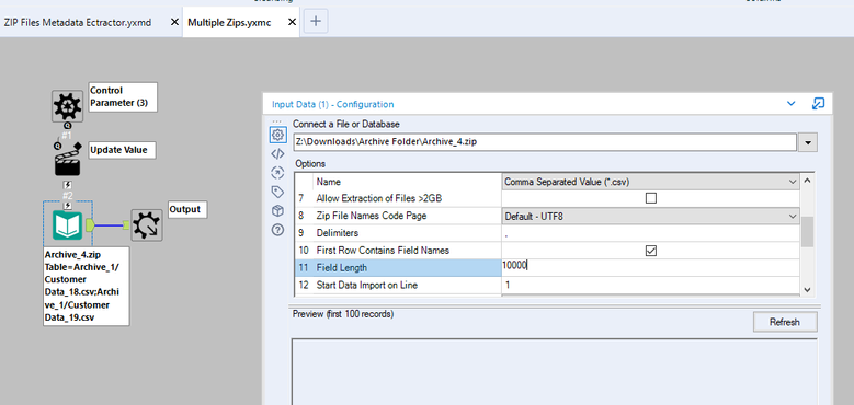how to change field size on multiple CSV Inputs from zip files - Alteryx