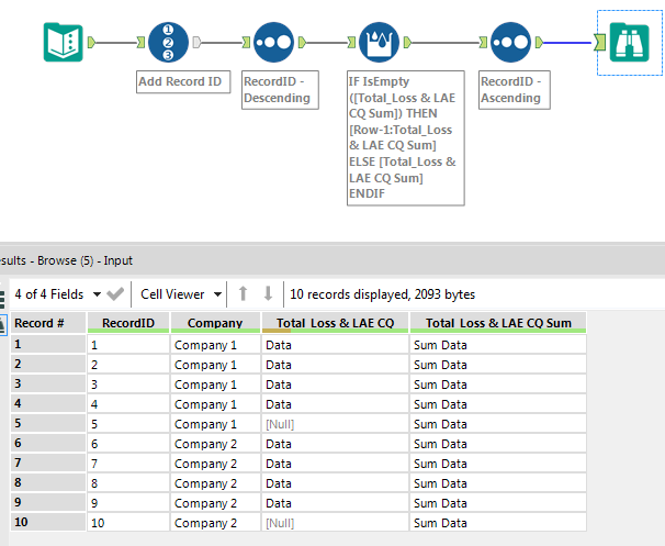 How to fill null values with data in a later row - Alteryx