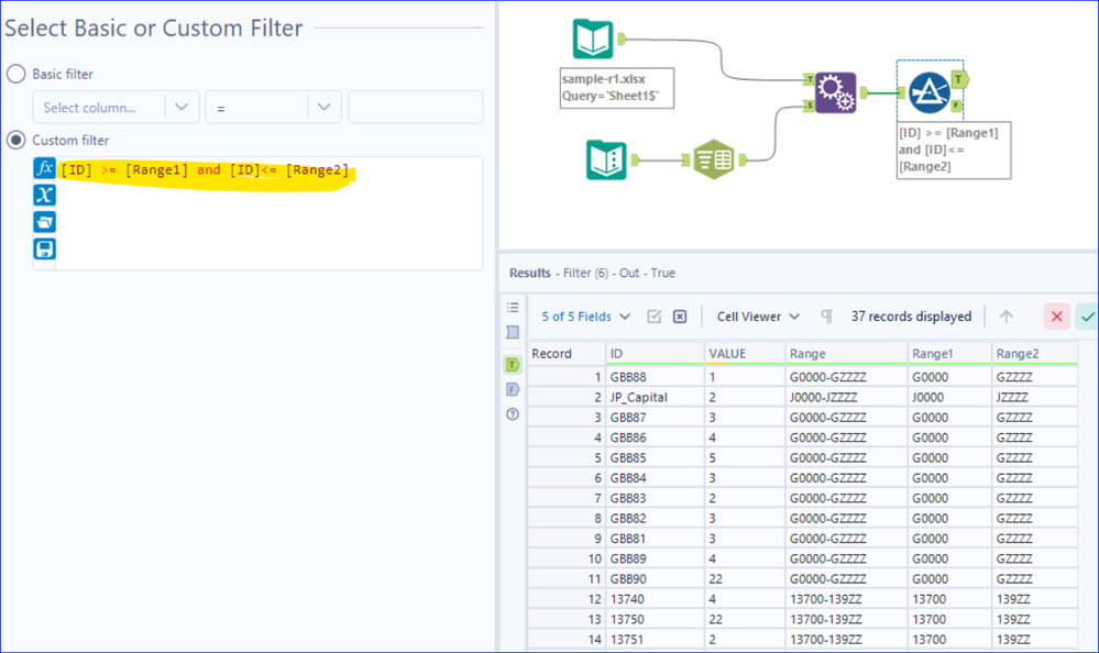 Filter values falling in range - Alteryx