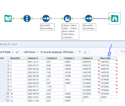 Product function for all rows below a specific row - Alteryx