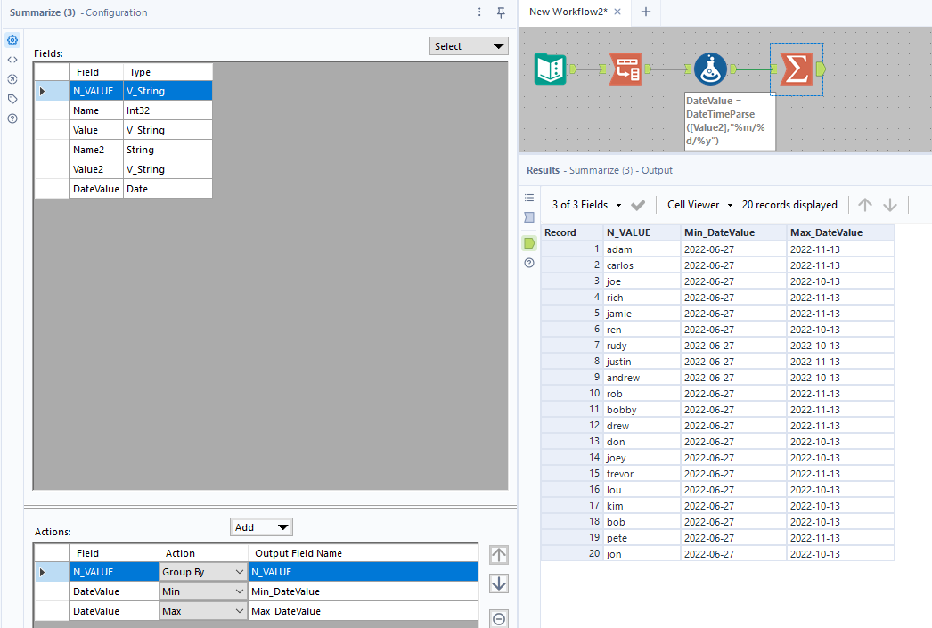 Max and Min Date with a multi row tool - Alteryx
