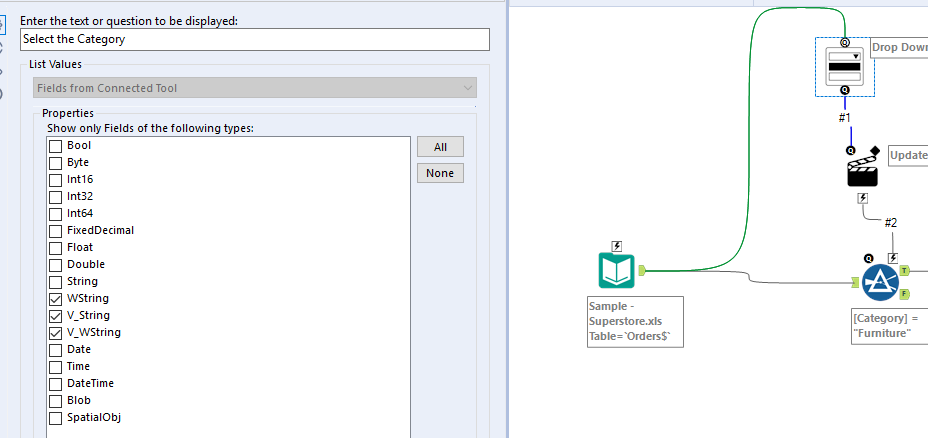 Input to Drop Down Interface from Other tools - Alteryx