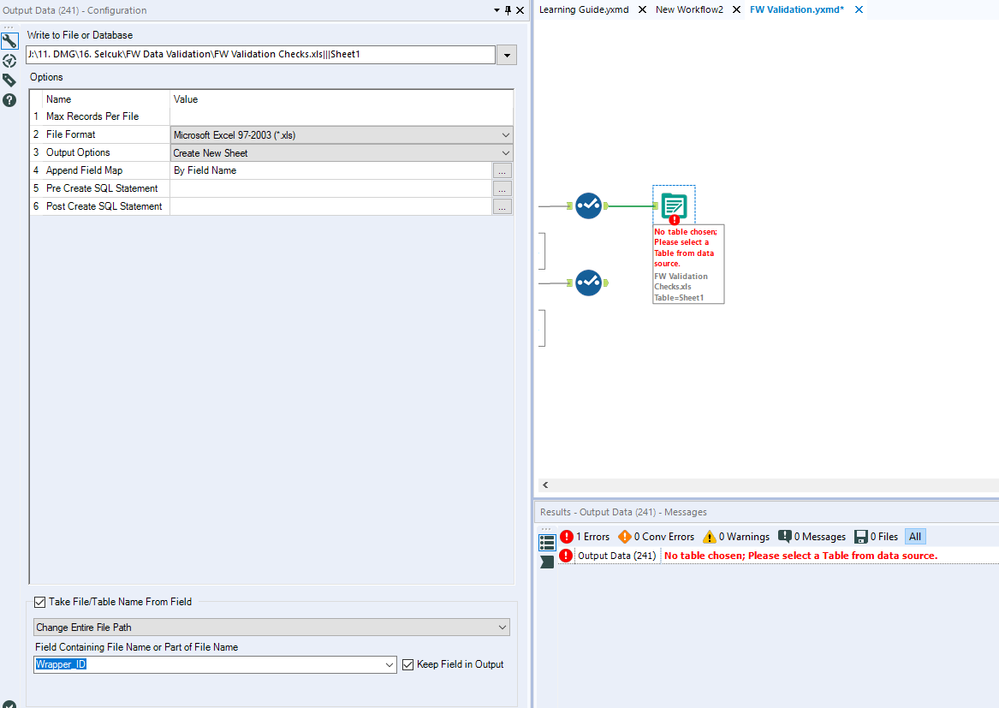 "No Table chosen..." Error for Dynamic Excell Output Naming - Alteryx
