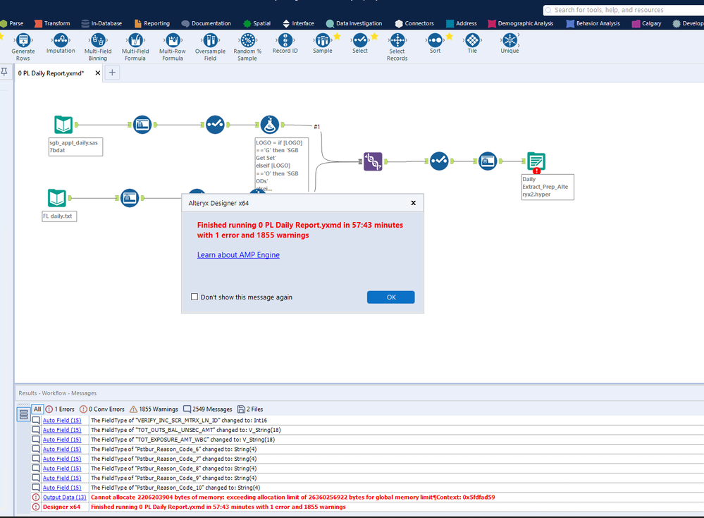 Tableau Memory Error Memory allocation error when creating Tableau hyper file - Alteryx