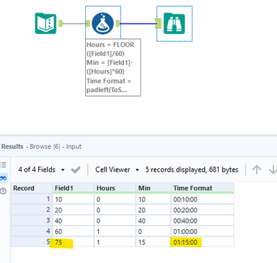 How to convert String into Time Format ( 75 into 01:15:00) ? Help - Alteryx