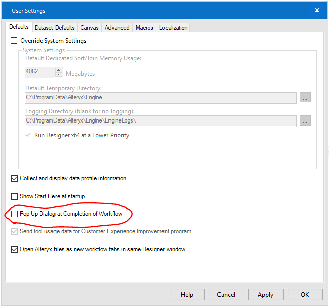 Designed Options - turning on the workflow completion popup menu - Alteryx
