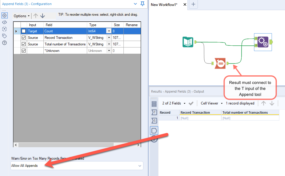 How to indicate data such as null or zero values for empty output - Alteryx