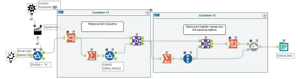 Batch remove null columns and output into multiple tabs - Alteryx