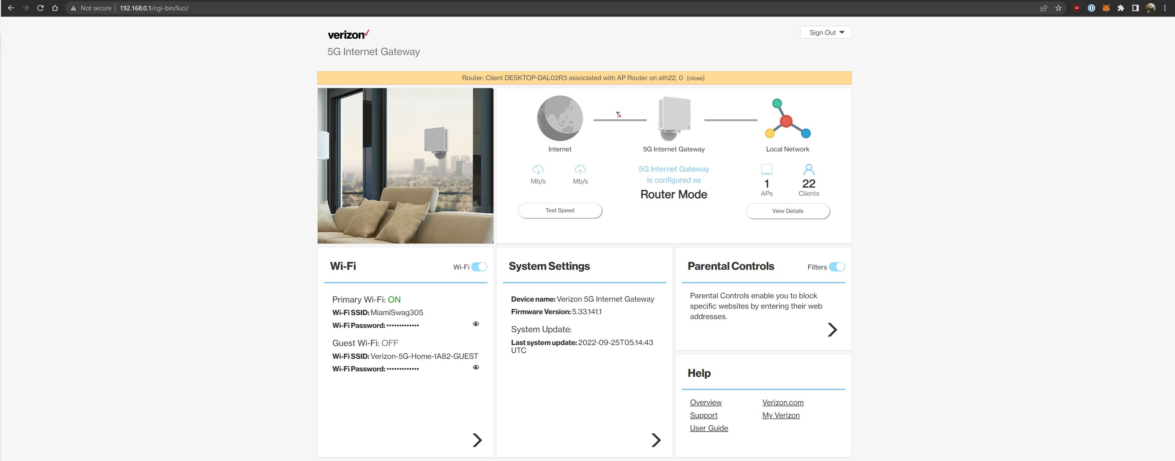 View from Gateway admin during outage. I can access the gateway but it shows no Internet connection