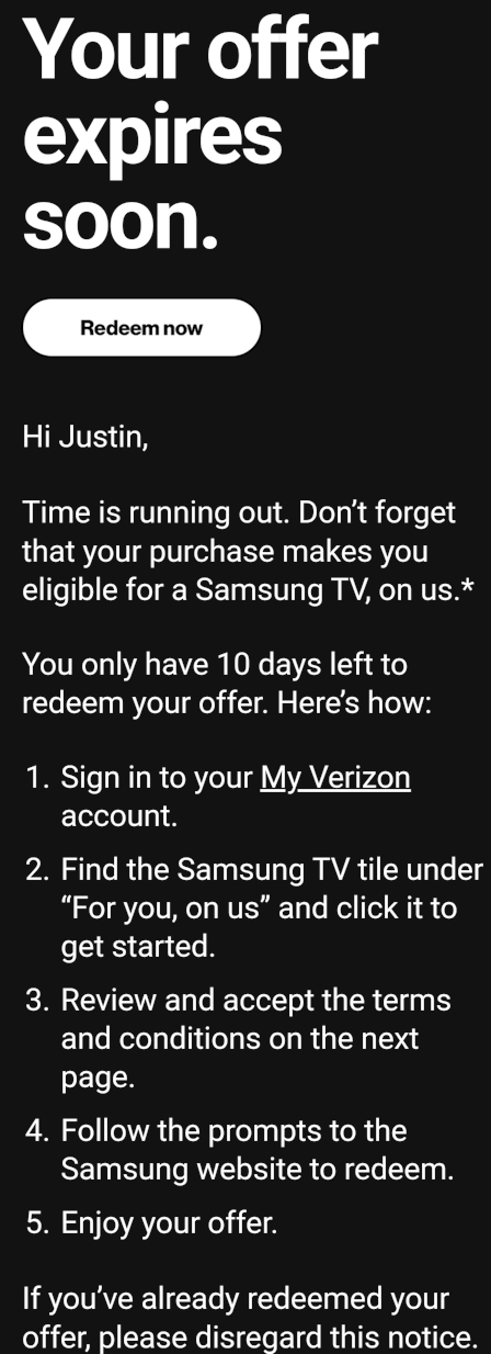 VZW Samsung TV Offer