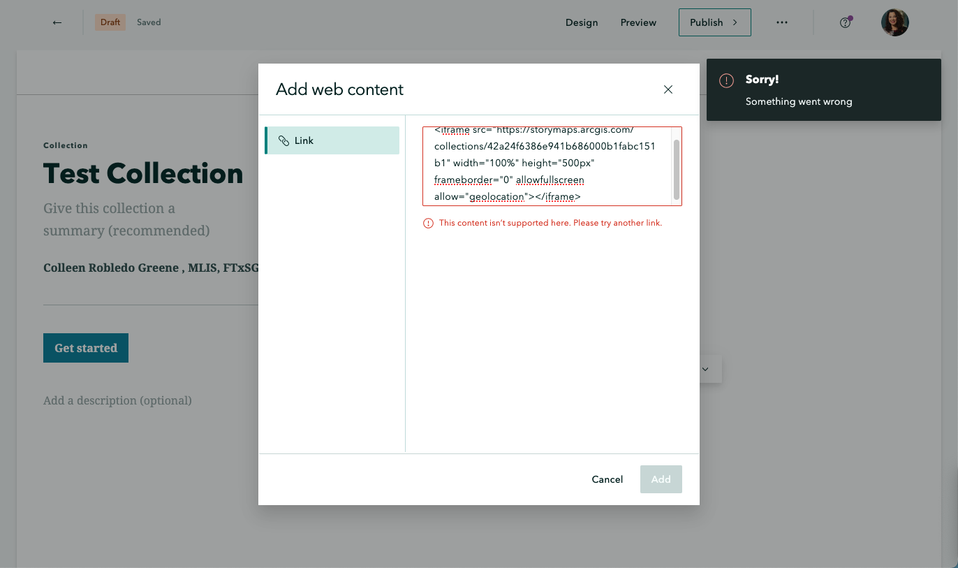 ArcGIS StoryMaps Collection Embed Issue.png ArcGIS StoryMaps Collection Embed Issue.png