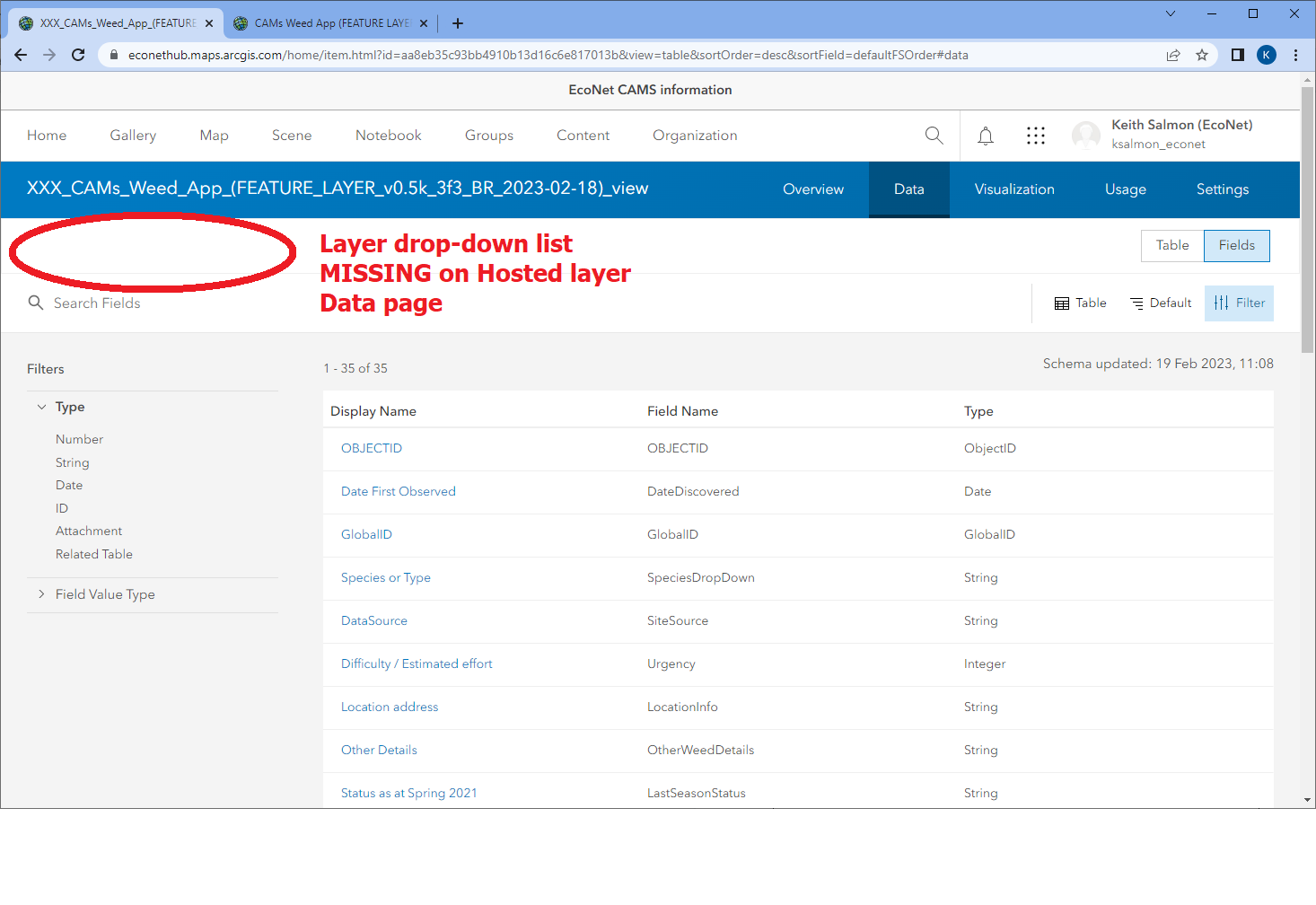230219 Layer drop-down list MISSING on Hosted layer Data page.png 230219 Layer drop-down list MISSING on Hosted layer Data page.png