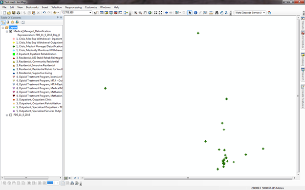 ArcMap screen shot showing all symbols in the table of contents and one symbol in the map.