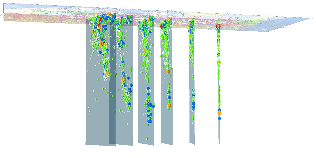 earthquake epicenters but now collapsed on 6 transects