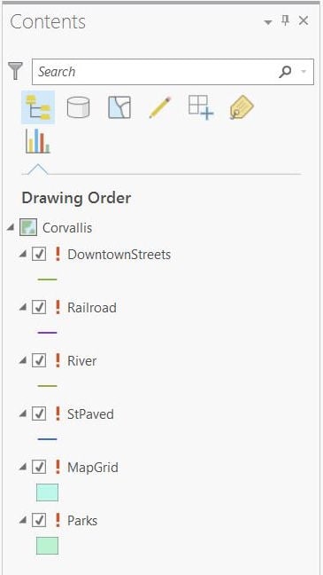 ArcGIS Pro Contents pane showing broken layer data source paths