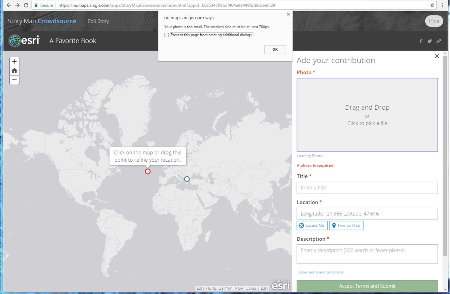 error message when I try to upload a smaaler than 700 px file in Crowdsource Story Map