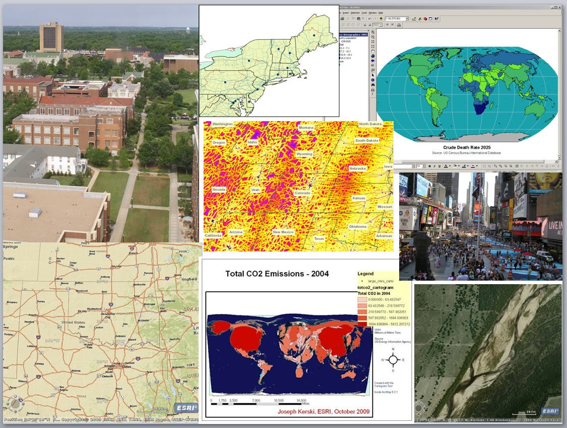 Collage showing maps, images, and fieldwork with GIS.