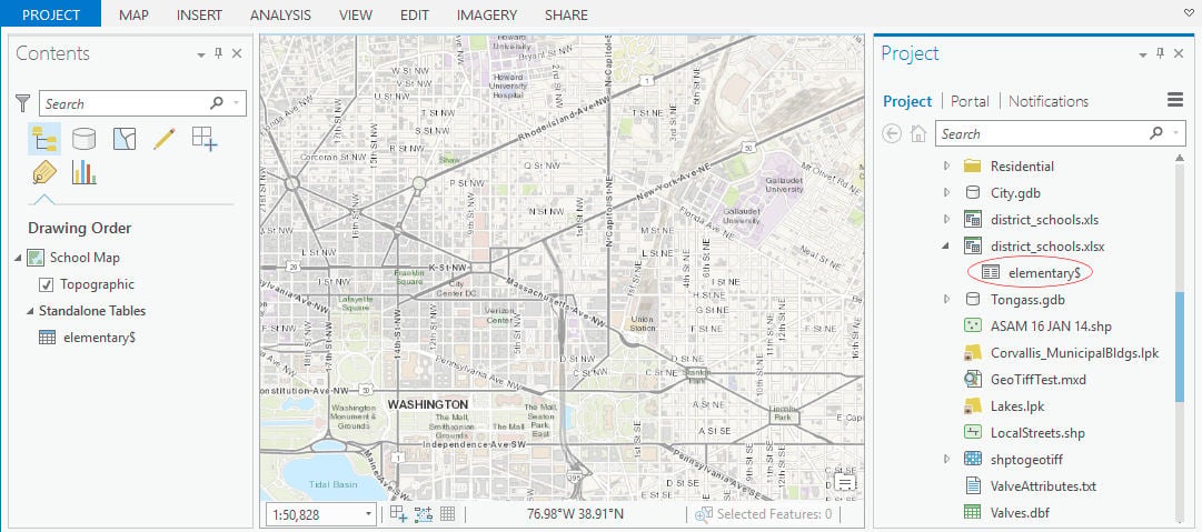 ArcGIS Pro Contents pane that includes an Excel worksheet