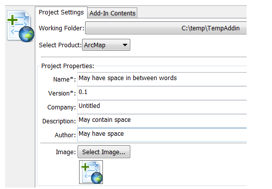 Python Addin Wizard - project settings.